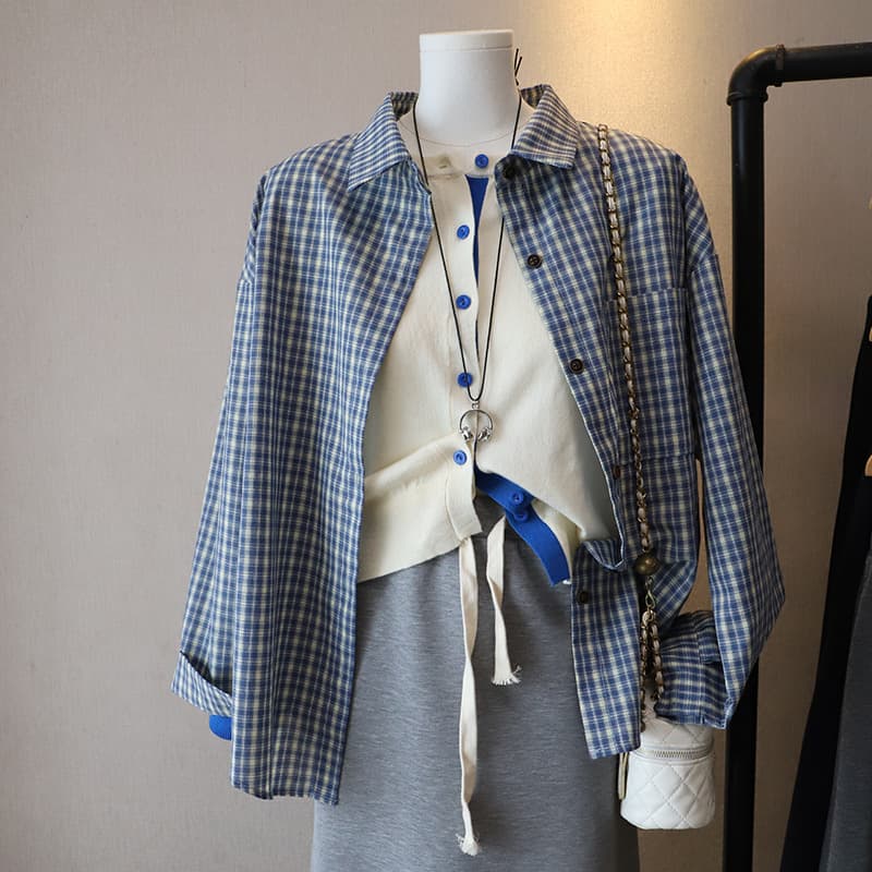 チェック 服 青系チェック柄長袖シャツブラウス