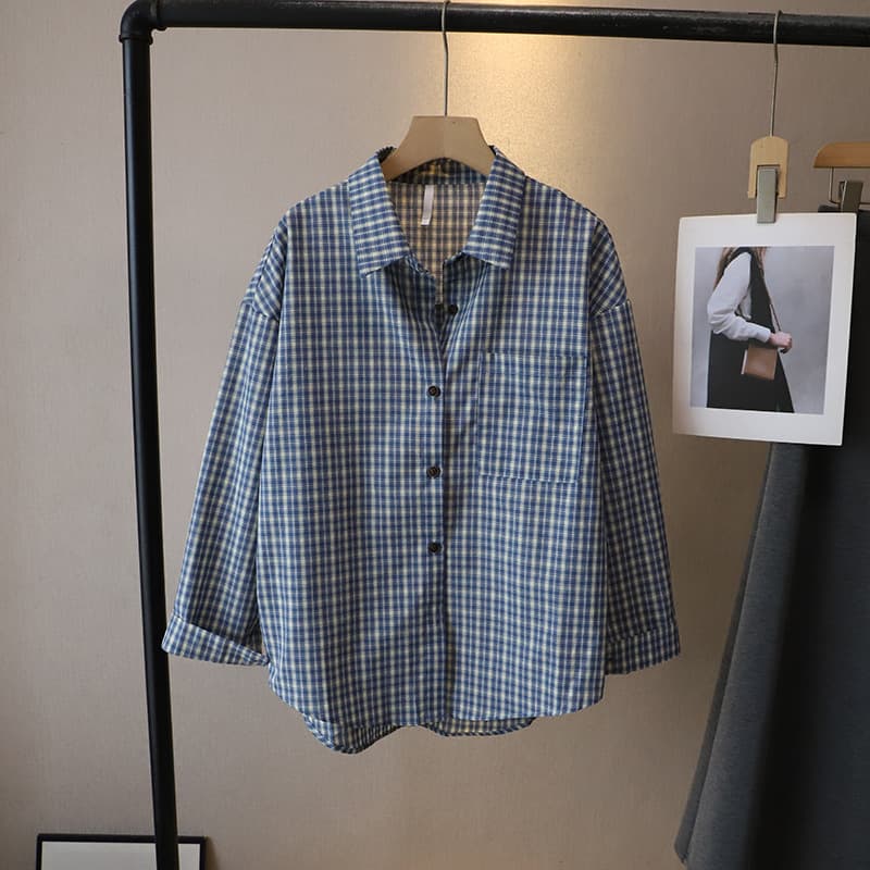 チェック 服 青系チェック柄長袖シャツブラウス