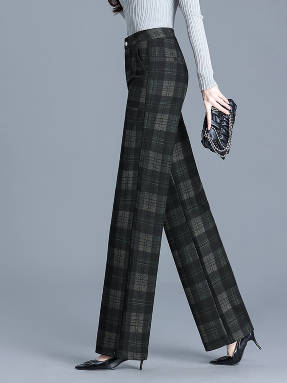 チェック柄ファッション ハイウエストチェック柄ストレートパンツ