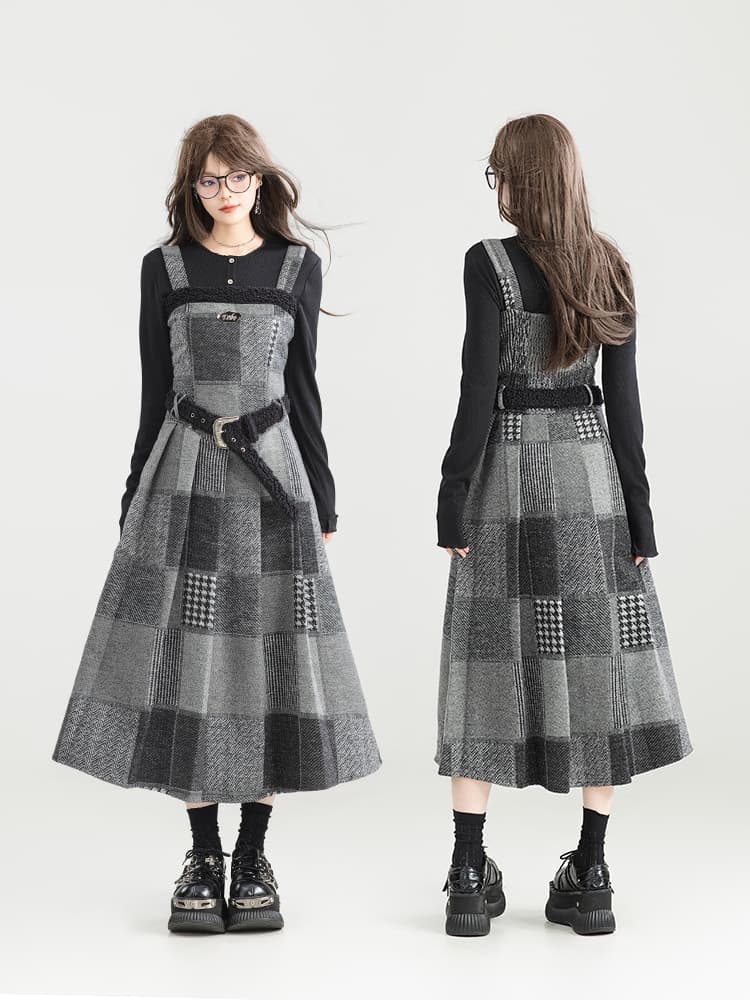 チェック服 重ね着風チェック柄ジャンパースカート