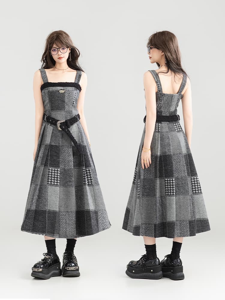 チェック服 重ね着風チェック柄ジャンパースカート